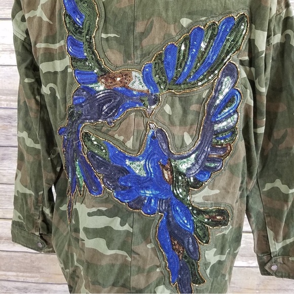 Zara Trafaluc Bird Sequin Camo Printed Parka Jacket Green Sz L/XL - Picture 2 of 8